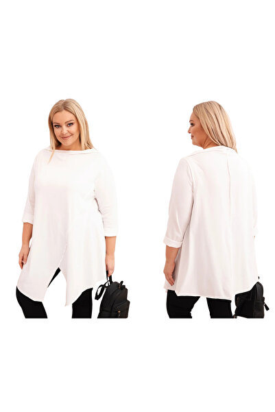 Kesi Bluză asimetrică pentru femei, din bumbac alb, mărime plus, cu mâneci su...