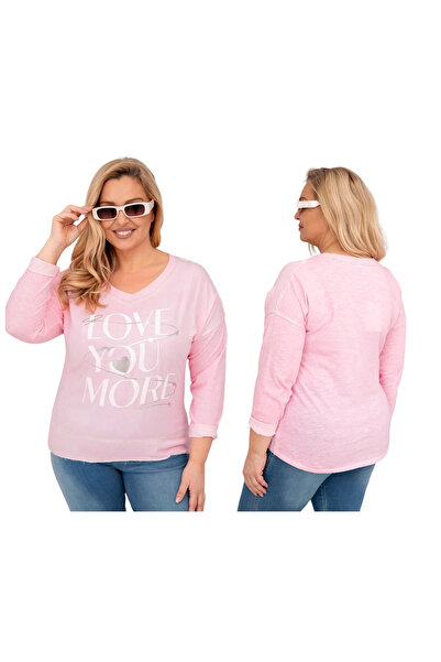 Kesi Bluză de damă roz deschis, mărime mare, cu imprimeu „LOVE YOU MORE”
