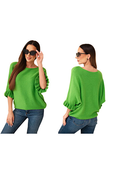 Kesi Pulover verde de damă din viscoză cu volane pe mâneci