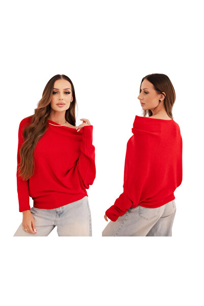 Kesi Pulover roșu asimetric supradimensionat pentru femei, cu decolteu larg