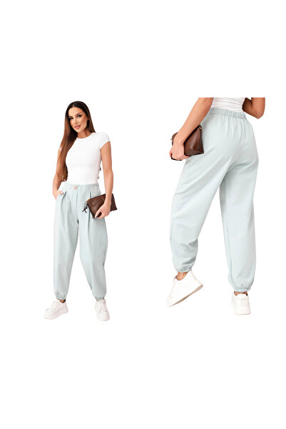 Kesi Pantaloni de damă cu talie înaltă, culoare mentă închisă, cu nasture dec...