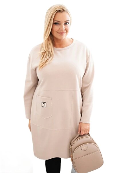 Kesi Rochie bej cu imprimeu unt, mărime plus, cu buzunar, pentru femei