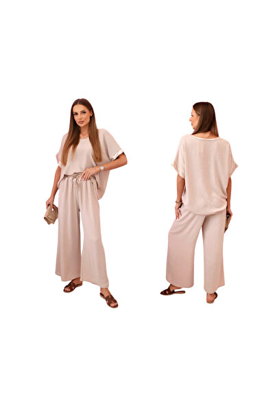 Kesi Set elegant de damă bej închis, din viscoză, cu garnituri aurii