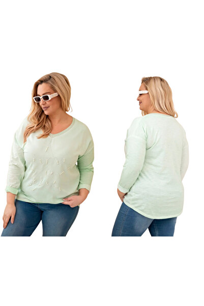 Kesi Bluză de damă din bumbac, mărime plus, culoare mentă, cu aplicație decor...