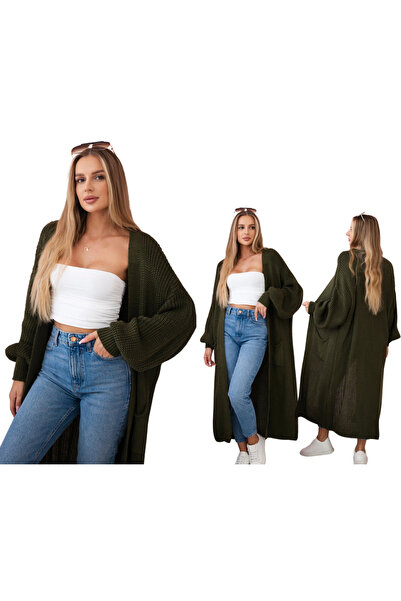 Kesi Women's Oversized khaki cardigan with long sleeves and pockets