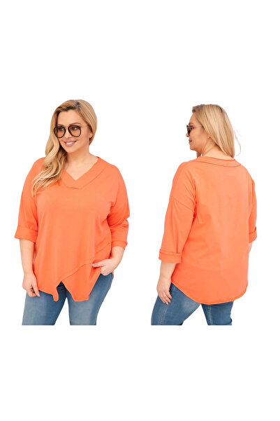 Kesi Bluză de damă Apricot, mărime mare, din bumbac, asimetrică, cu decolteu ...