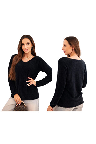 Kesi Pulover tricotat moale pentru femei cu decolteu în V, negru