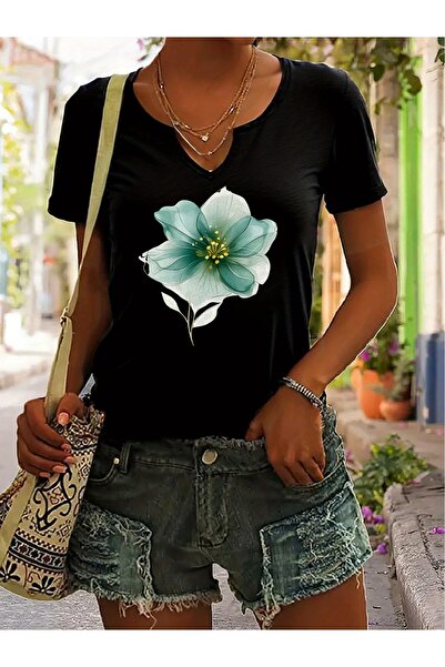 mercoledi Femei Green Floral cu imprimeu Mâneci pe jumătate cu decolteu în V ...