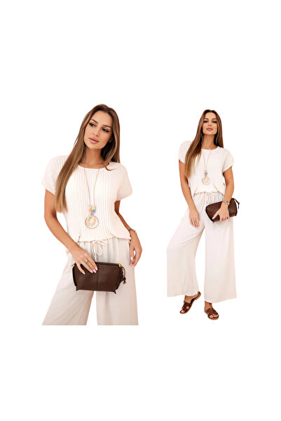 Kesi Set bej din viscoză pentru femei | bluză plisată + pantaloni