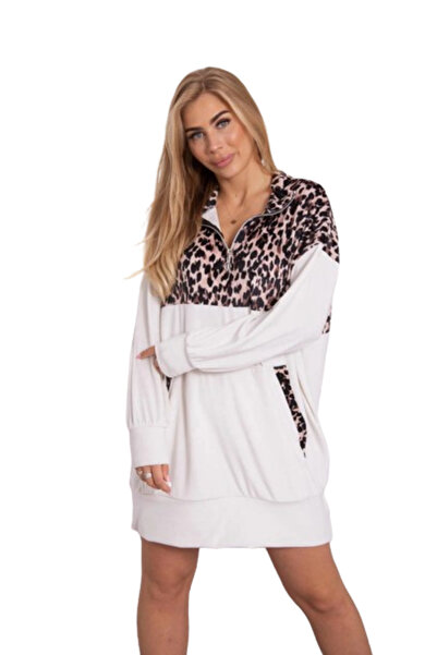 Kesi Rochie de catifea cu imprimeu leopard ecru