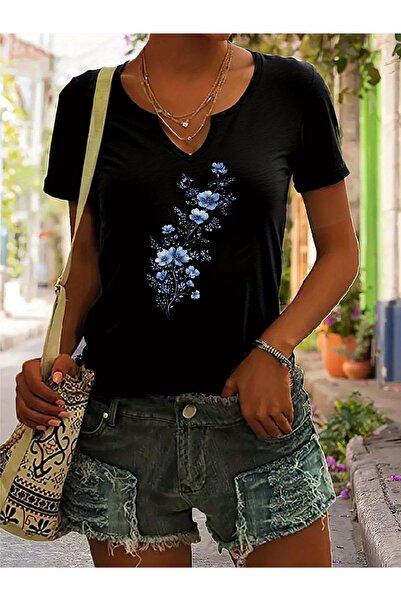 mercoledi Дамска синя тениска с флорален принт, полу-V-образно деколте, редов...