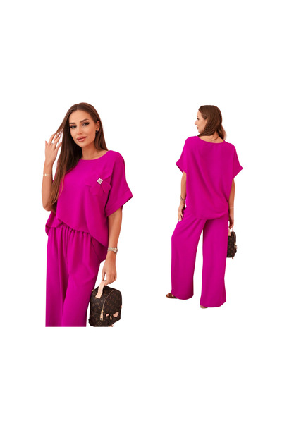 Kesi Set de damă din viscoză violet închis cu aplicații florale și pantaloni ...
