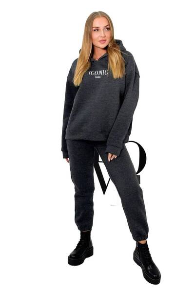 Kesi Set izolat din bumbac: hanorac cu broderie + pantaloni grafit