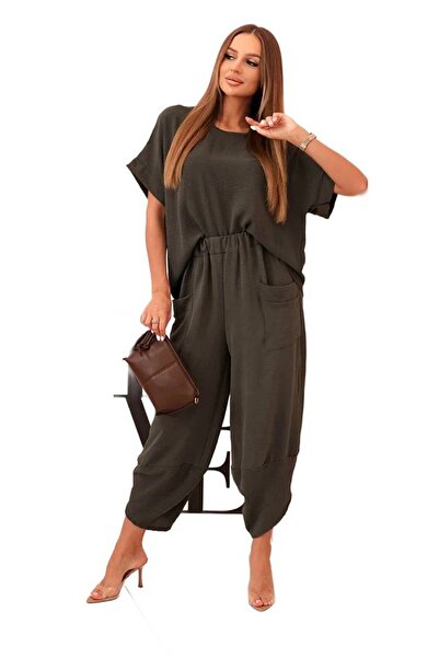 Kesi Set de damă kaki din viscoză - bluză și pantaloni cu mânecă scurtă
