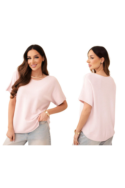 Kesi Bluză tricotată supradimensionată roz pudră pentru femei, cu mâneci scurte