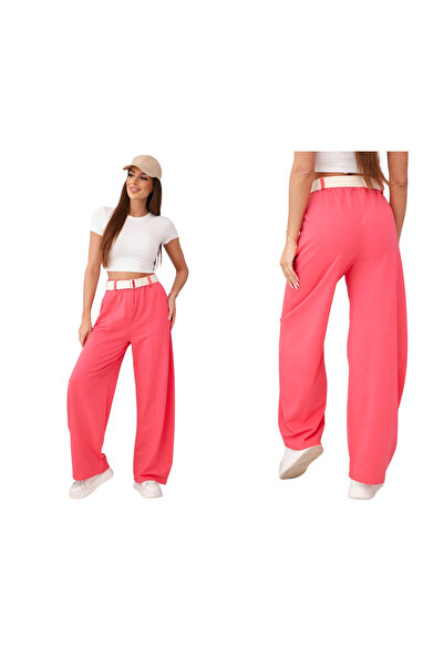 Kesi Pantaloni de damă din bumbac, culoarea zmeurii, cu talie largă și curea