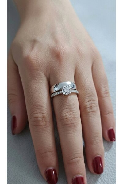 Nurtakı خاتم سوليتير مع خاتم زواج قابل للتعديل بلون الذهب الأبيض