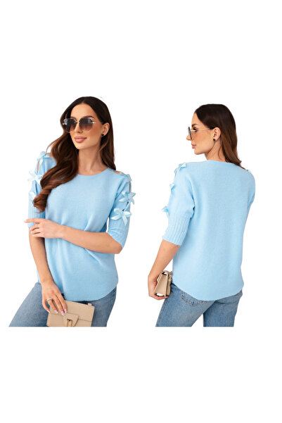 Kesi Bluză albastră de damă cu fundițe decorative pe mâneci