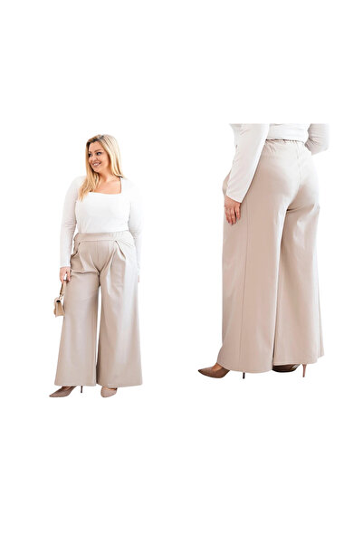 Kesi Elegant women's dark beige pants, plus size, with High-Leg and wide cut