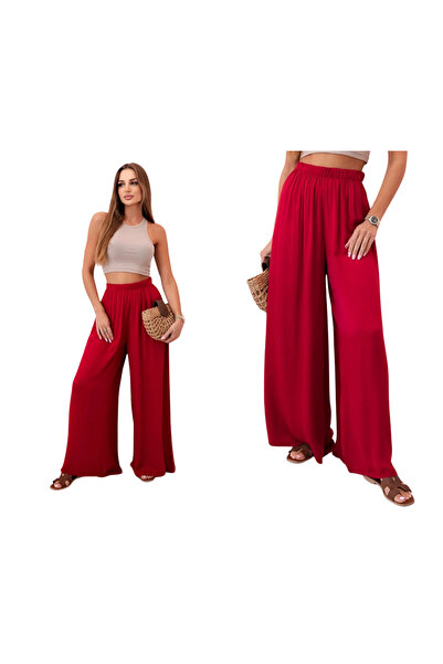 Kesi Pantaloni largi de damă din viscoză, de culoare vișinie, cu talie înaltă