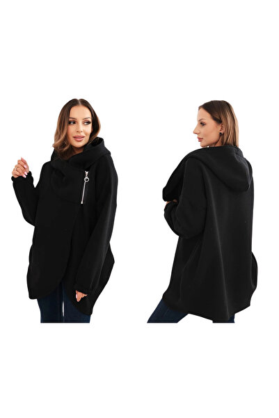 Kesi Hanorac negru pentru femei, cu fermoar asimetric și glugă, model izolat