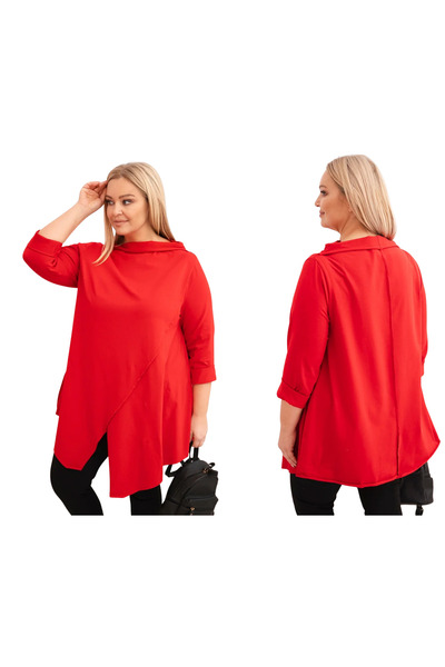 Kesi Bluză roșie de damă din bumbac, mărime mare, asimetrică, cu mâneci rulate