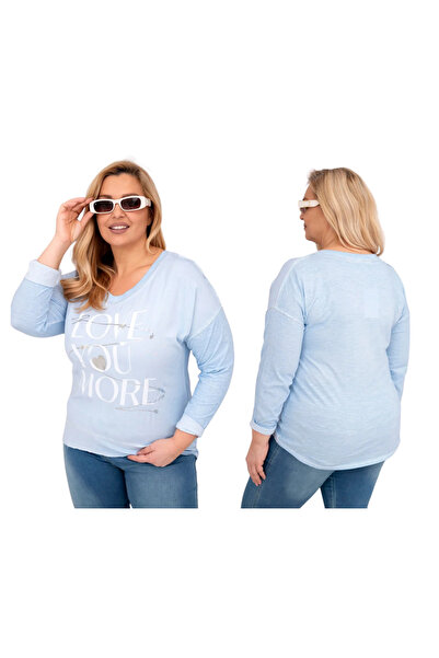 Kesi Bluză de damă albastră, mărime plus, cu imprimeu „LOVE YOU MORE”