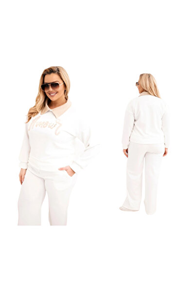 Kesi White tracksuit set for women MASELKOWY Plus Size with collar and embroi...