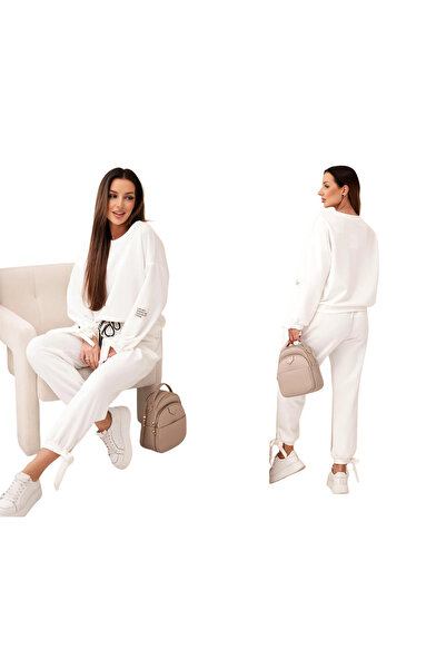 Kesi Set trening ecru pentru femei din viscoză cu legături la mâneci