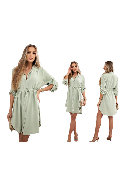 Kesi Rochie cămașă de damă mentă închisă, cu nasturi și nodă în talie