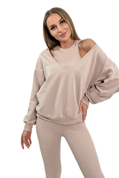 Kesi Set 3 piese: hanorac + top + colanți, bej deschis