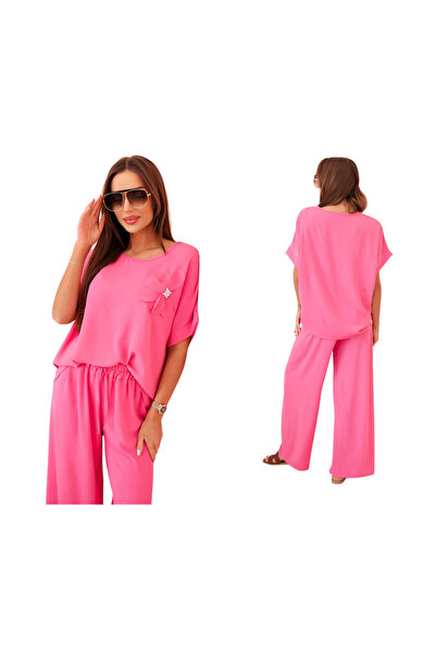 Kesi Set de damă din viscoză roz cu aplicații florale și pantaloni lejeri