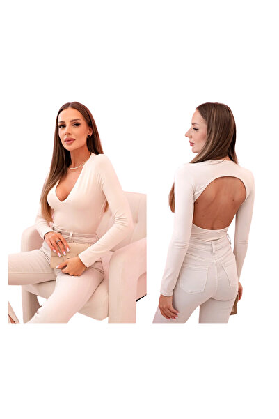 Kesi Beige bodysuit for women with long sleeves and Plunging Neckline