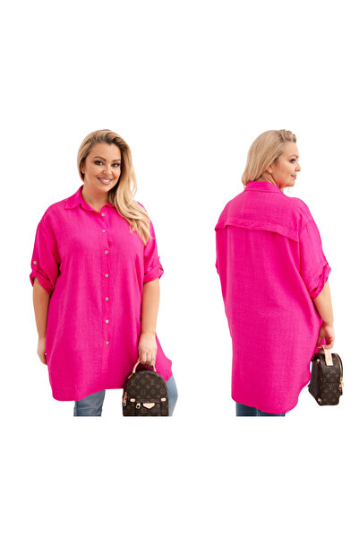 Kesi Cămașă din viscoză fuchsia pentru femei, mărime mare, cu spate mai lung