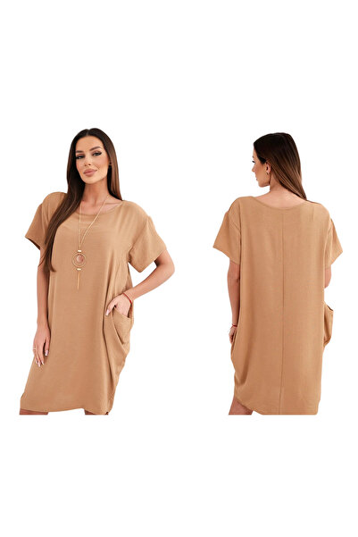 Kesi Rochie de damă din camel cu buzunare și pandantiv din viscoză