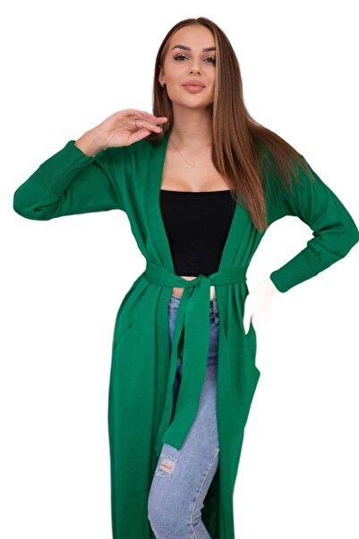 Kesi Cardigan lung cu legături în talie, verde