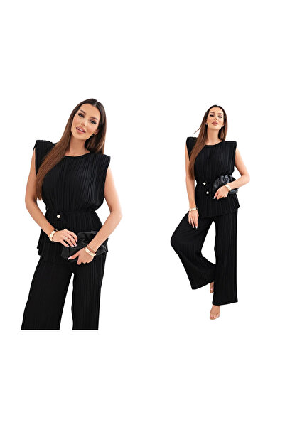 Kesi Set plisat negru pentru femei, cu bluză fără mâneci și pantaloni largi