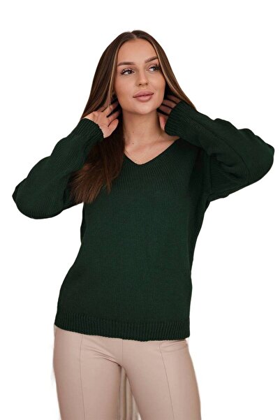 Kesi Pulover verde închis cu decolteu în V