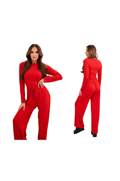 Kesi Set de damă roșu din viscoză, cu bluză și pantaloni largi