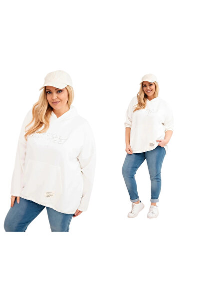 Kesi Ecru Viscose sweatshirt, large size, with Hooded and print