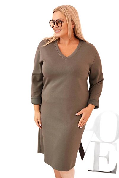 Kesi Khaki V-neck dress for women, plus size