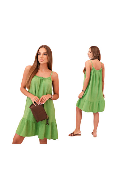 Kesi Rochie de damă din bumbac măsliniu, cu bretele și volane