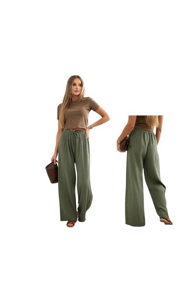 Kesi Pantaloni kaki din MUSELINĂ pentru femei, cu picior lat