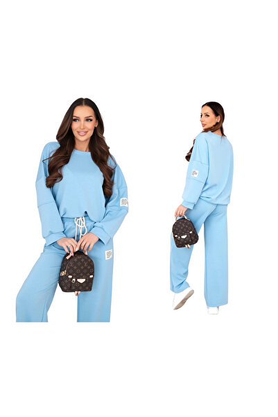 Kesi Set trening albastru pentru femei, cu hanorac din viscoză și pantaloni c...
