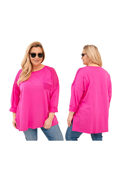Kesi Bluză de damă fuchsia OVERSIZE cu inserții de dantelă