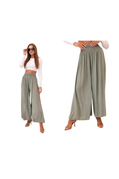 Kesi Pantaloni largi pentru femei, kaki, cu talie elastică, din viscoză ușoară