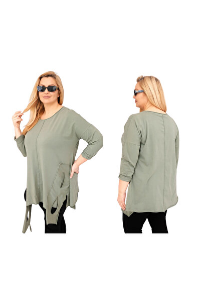 Kesi Tunică kaki din bumbac pentru femei, mărime mare, asimetrică, cu tiv dec...