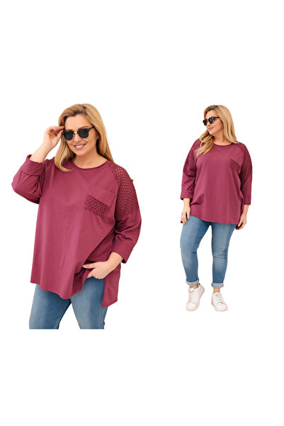 Kesi Bluză de damă OVERSIZE vișinie cu inserții de dantelă