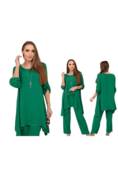Kesi Set verde pentru femei cu colier: tunică și pantaloni largi