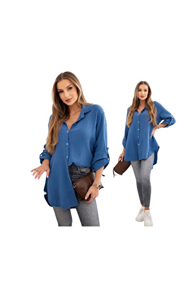 Kesi Cămașă de damă din denim închis la culoare, din MUSELINĂ de bumbac, mări...